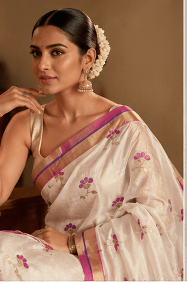 Elegant White Chanderi Silk Saree with Pink Zari Border & Floral Buti Work - Image 3