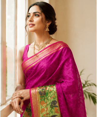 Dhaga Signature Magenta Handloom Net Saree with Kalamkari-Inspired Border - Image 2