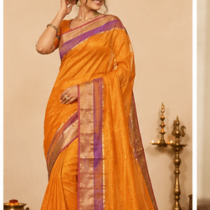 Sunlit Amber Chanderi Silk Saree with Lavender Zari Border