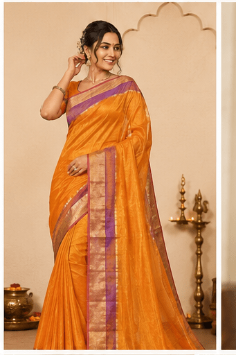 Sunlit Amber Chanderi Silk Saree with Lavender Zari Border