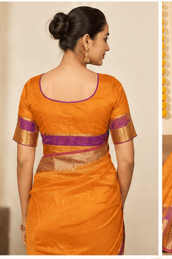 Sunlit Amber Chanderi Silk Saree with Lavender Zari Border - Image 6