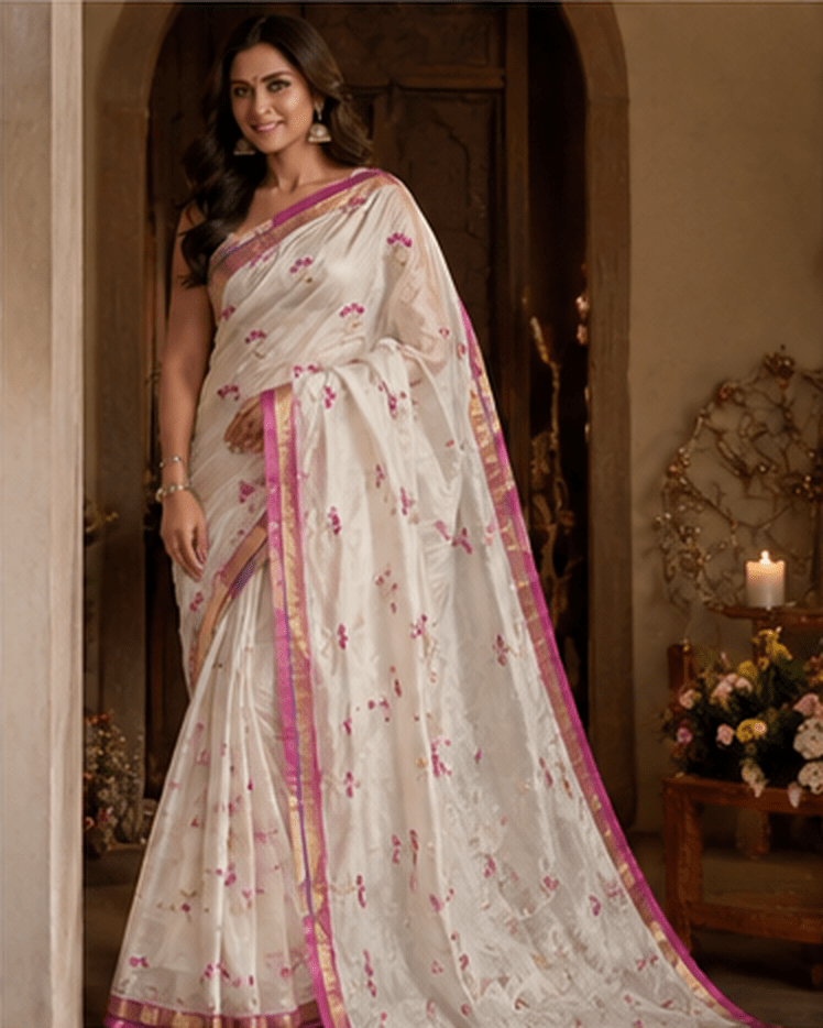 Elegant White Chanderi Silk Saree with Pink Zari Border & Floral Buti Work - Image 6