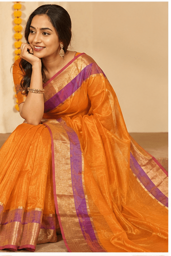 Sunlit Amber Chanderi Silk Saree with Lavender Zari Border - Image 7