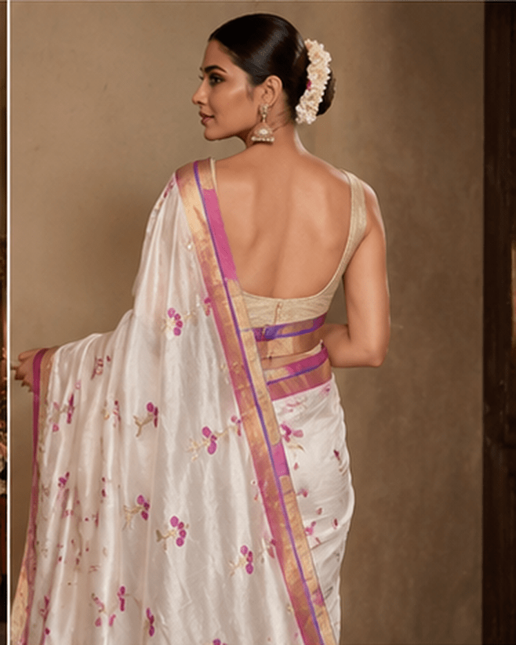 Elegant White Chanderi Silk Saree with Pink Zari Border & Floral Buti Work - Image 7