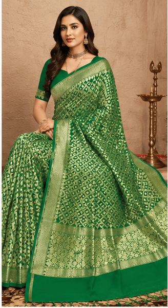 Emerald Green Handmade Bandhej Georgette Saree with Zari Border - Image 4