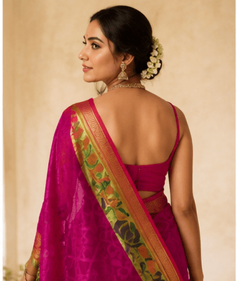 Dhaga Signature Magenta Handloom Net Saree with Kalamkari-Inspired Border - Image 3