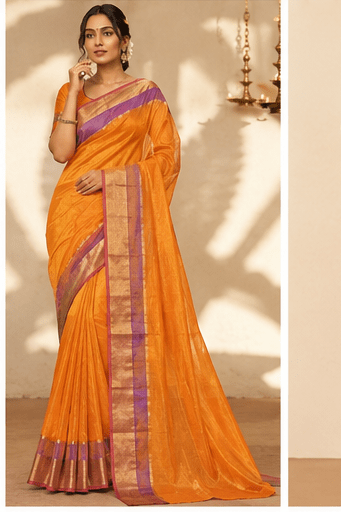 Sunlit Amber Chanderi Silk Saree with Lavender Zari Border - Image 8