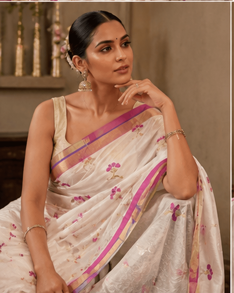Elegant White Chanderi Silk Saree with Pink Zari Border & Floral Buti Work - Image 8