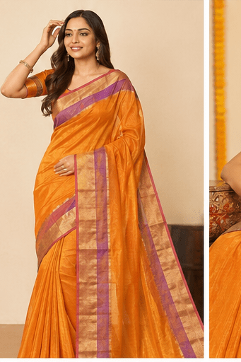 Sunlit Amber Chanderi Silk Saree with Lavender Zari Border - Image 9