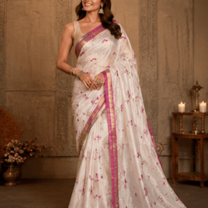 Elegant White Chanderi Silk Saree with Pink Zari Border & Floral Buti Work