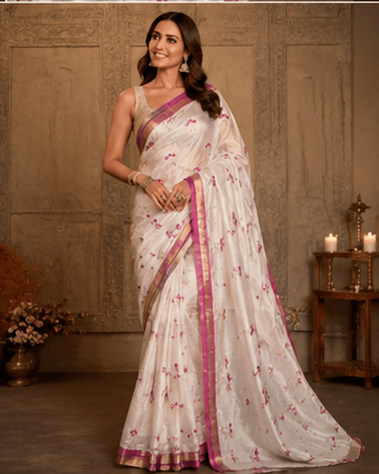 Elegant White Chanderi Silk Saree with Pink Zari Border & Floral Buti Work