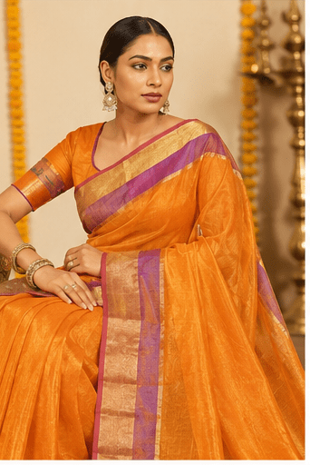 Sunlit Amber Chanderi Silk Saree with Lavender Zari Border - Image 10
