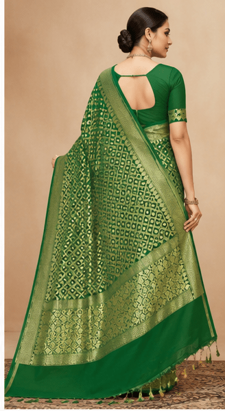 Emerald Green Handmade Bandhej Georgette Saree with Zari Border - Image 5