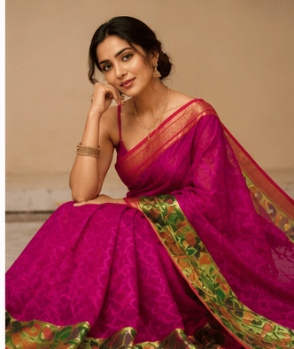 Dhaga Signature Magenta Handloom Net Saree with Kalamkari-Inspired Border - Image 4
