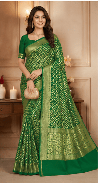 Emerald Green Handmade Bandhej Georgette Saree with Zari Border - Image 6