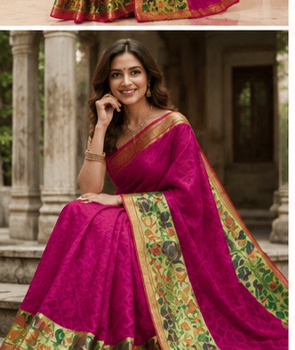 Dhaga Signature Magenta Handloom Net Saree with Kalamkari-Inspired Border - Image 5