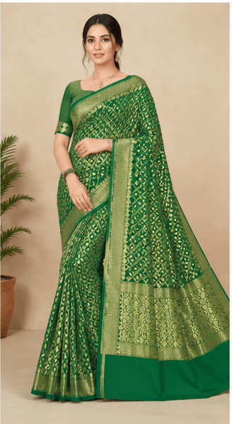 Emerald Green Handmade Bandhej Georgette Saree with Zari Border - Image 7