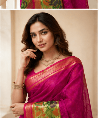 Dhaga Signature Magenta Handloom Net Saree with Kalamkari-Inspired Border - Image 6