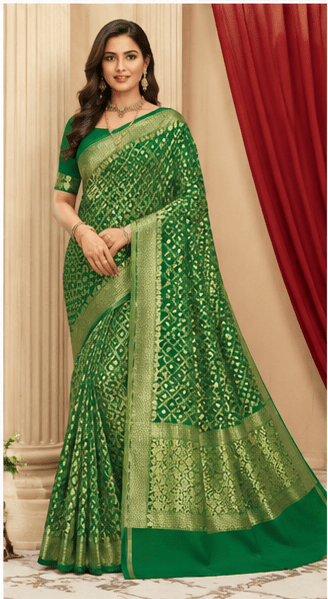 Emerald Green Handmade Bandhej Georgette Saree with Zari Border - Image 8