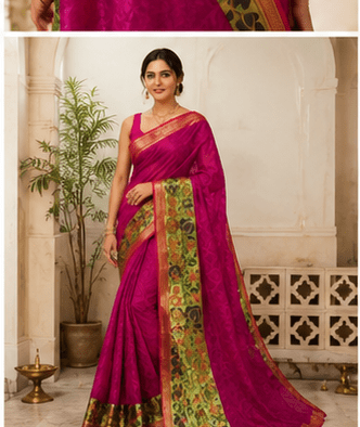 Dhaga Signature Magenta Handloom Net Saree with Kalamkari-Inspired Border - Image 7