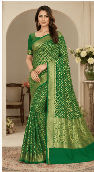 Emerald Green Handmade Bandhej Georgette Saree with Zari Border - Image 9
