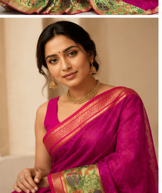 Dhaga Signature Magenta Handloom Net Saree with Kalamkari-Inspired Border - Image 9