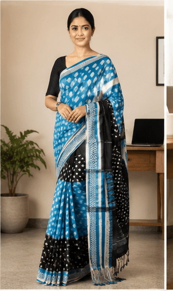 Turquoise Blue & Black Handloom Ikkat Cotton Saree with Geometric print - Image 8
