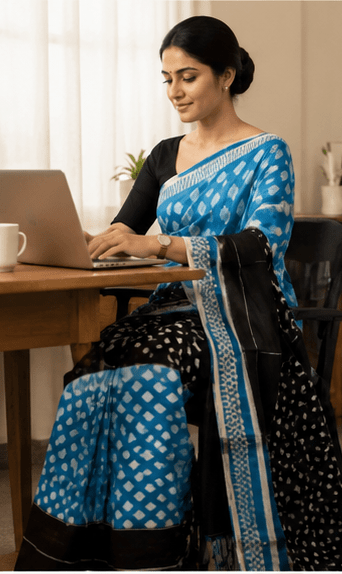 Turquoise Blue & Black Handloom Ikkat Cotton Saree with Geometric print - Image 9