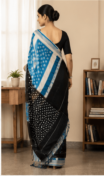 Turquoise Blue & Black Handloom Ikkat Cotton Saree with Geometric print - Image 3