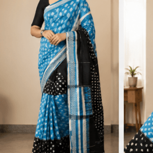 Turquoise Blue & Black Handloom Ikkat Cotton Saree with Geometric print