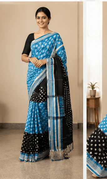 Turquoise Blue & Black Handloom Ikkat Cotton Saree with Geometric print