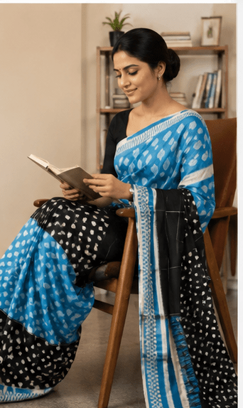 Turquoise Blue & Black Handloom Ikkat Cotton Saree with Geometric print - Image 6