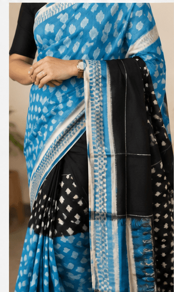 Turquoise Blue & Black Handloom Ikkat Cotton Saree with Geometric print - Image 7