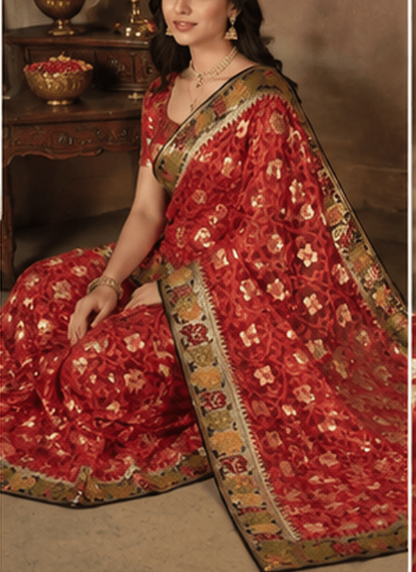 Handloom Net Saree with Banarasi Zari Borders & Floral Butti