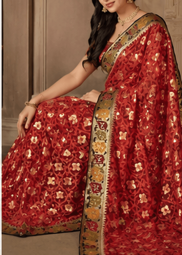 Handloom Net Saree with Banarasi Zari Borders & Floral Butti - Image 4