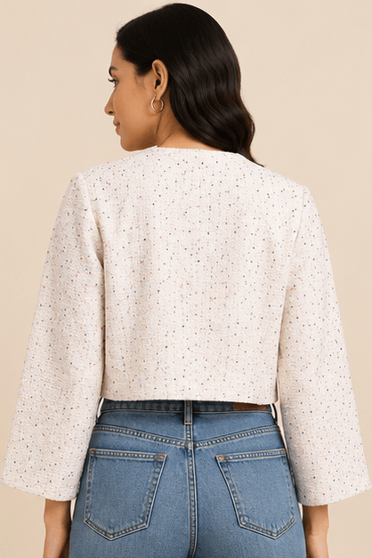 Cream Textured Tweed Cropped Blazer Jacket with Multi-Color Speckles - Image 4