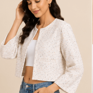 Cream Textured Tweed Cropped Blazer Jacket with Multi-Color Speckles