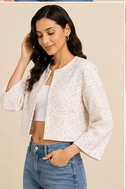 Cream Textured Tweed Cropped Blazer Jacket with Multi-Color Speckles