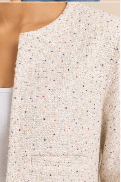 Cream Textured Tweed Cropped Blazer Jacket with Multi-Color Speckles - Image 6