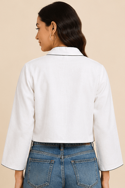 Off-White Minimalist Cropped Shrug with Contrast Piping - Image 4