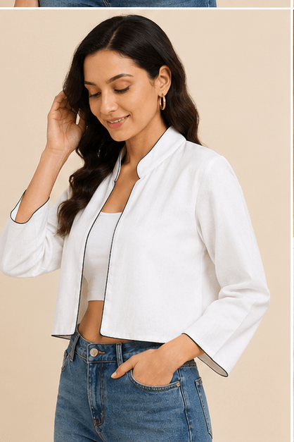 Off-White Minimalist Cropped Shrug with Contrast Piping - Image 5