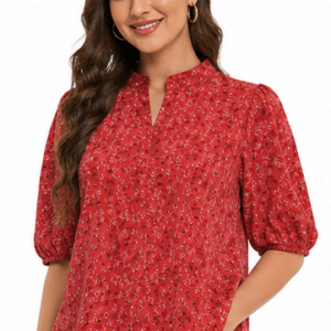 Women's Coral Red Floral Print Mandarin Collar Top
