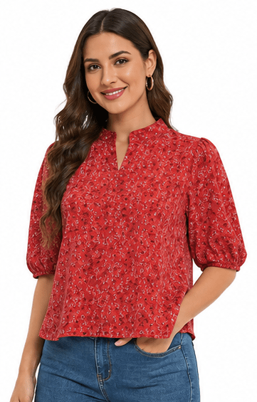 Women's Coral Red Floral Print Mandarin Collar Top