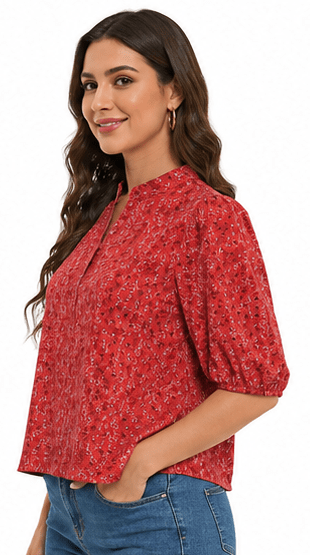 Women's Coral Red Floral Print Mandarin Collar Top - Image 4