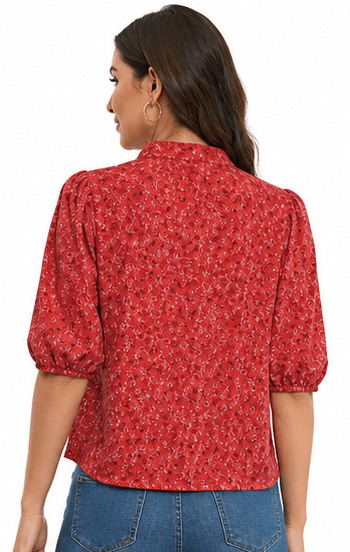 Women's Coral Red Floral Print Mandarin Collar Top - Image 3