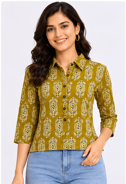 Women's Mustard Green Traditional Block Print Button-Down Shirt Top - Image 5