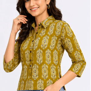 Women's Mustard Green Traditional Block Print Button-Down Shirt Top
