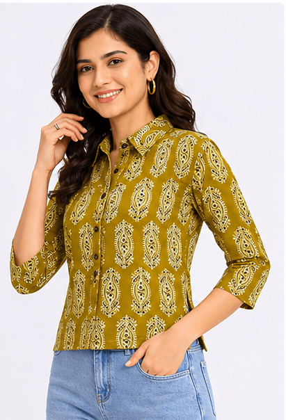 Women's Mustard Green Traditional Block Print Button-Down Shirt Top