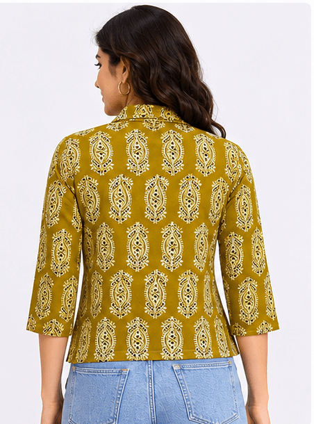 Women's Mustard Green Traditional Block Print Button-Down Shirt Top - Image 3