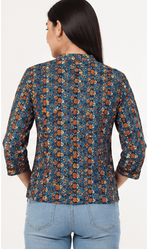 Women's Teal Blue Kalamkari Print Mandarin Collar Kurta Top - Image 3